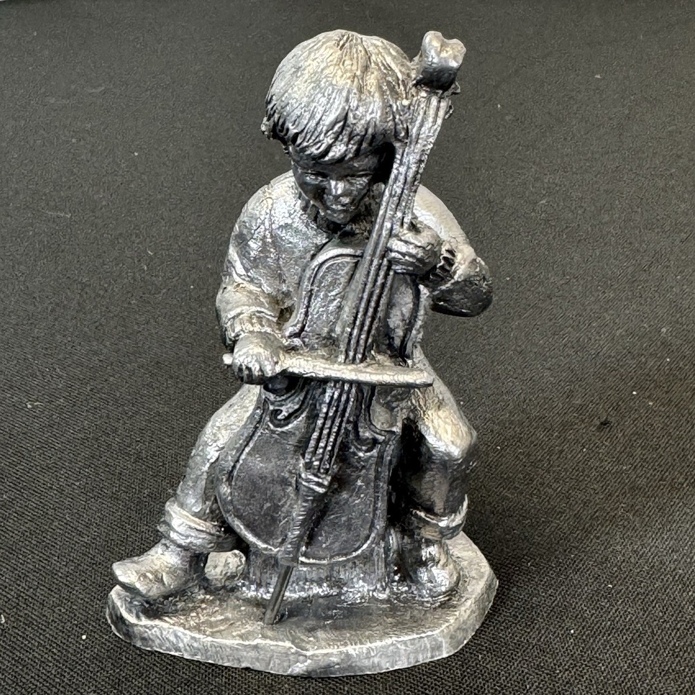 Vintage Pewter Boy Playing Cello Figurine Musician Miniature 13063 Silver Tone